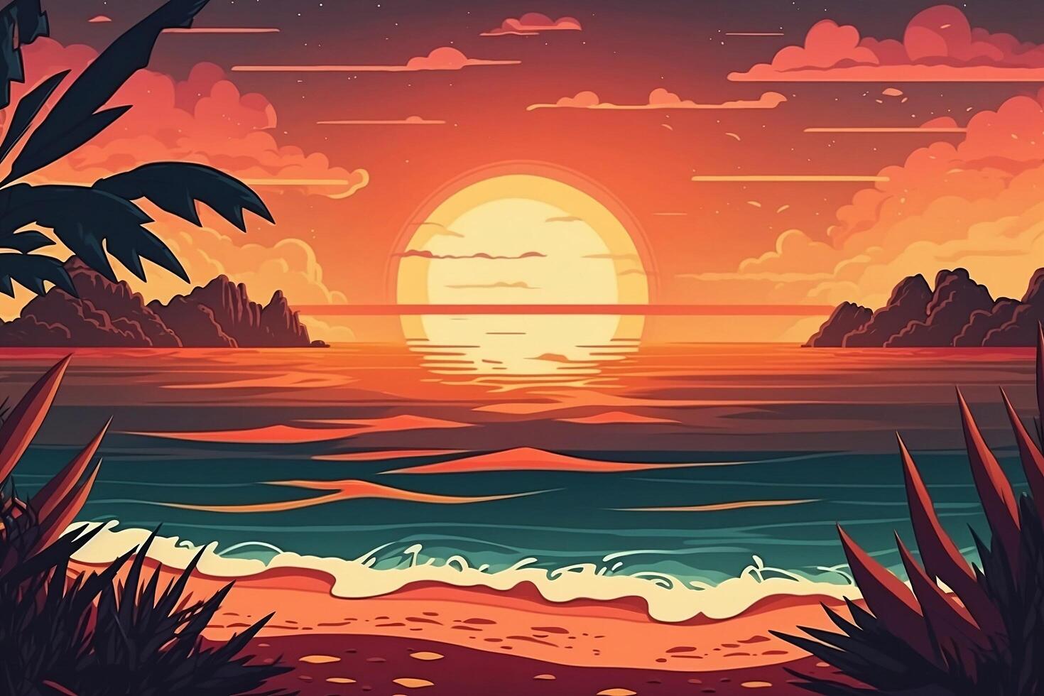Tropical beach with ocean sunset and palm trees, cartoon summer view, illustration with summer background, photo