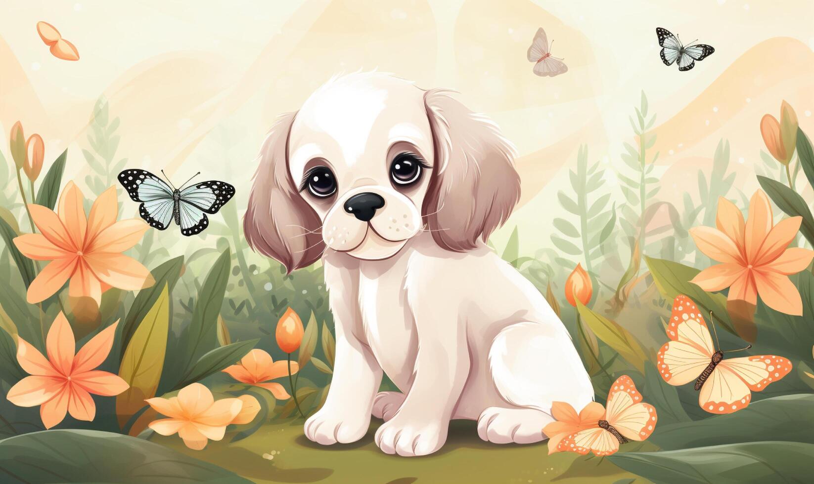 Garden background with blooming flowers, butterflies, and cute puppy, evoking a sense of peacefulness and relaxation, photo