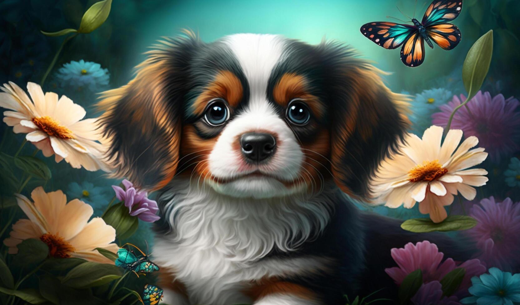 Garden background with blooming flowers, butterflies, and cute puppy, evoking a sense of peacefulness and relaxation, photo