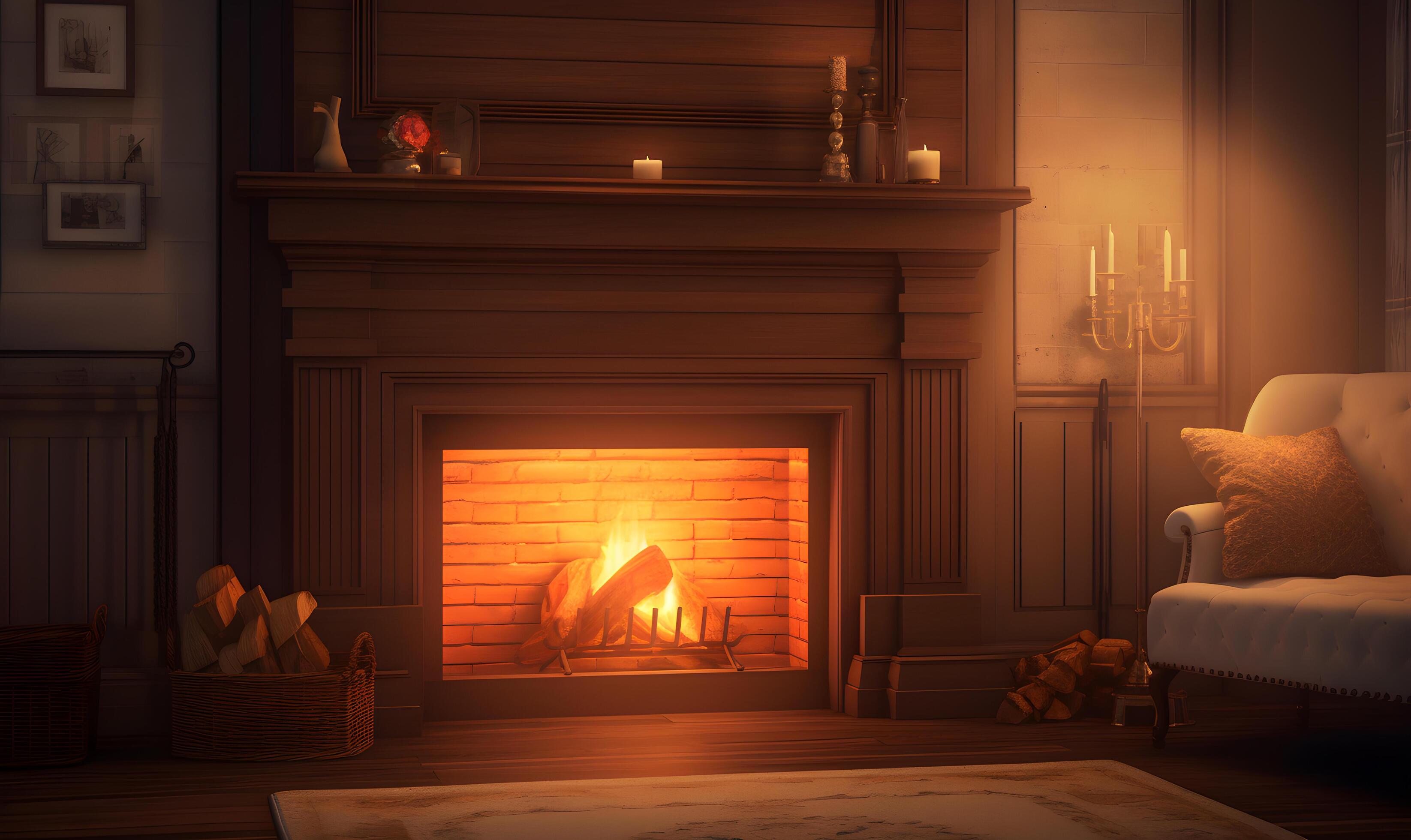 A cozy fireplace scene with a warm wallpaper, inviting glow that evokes