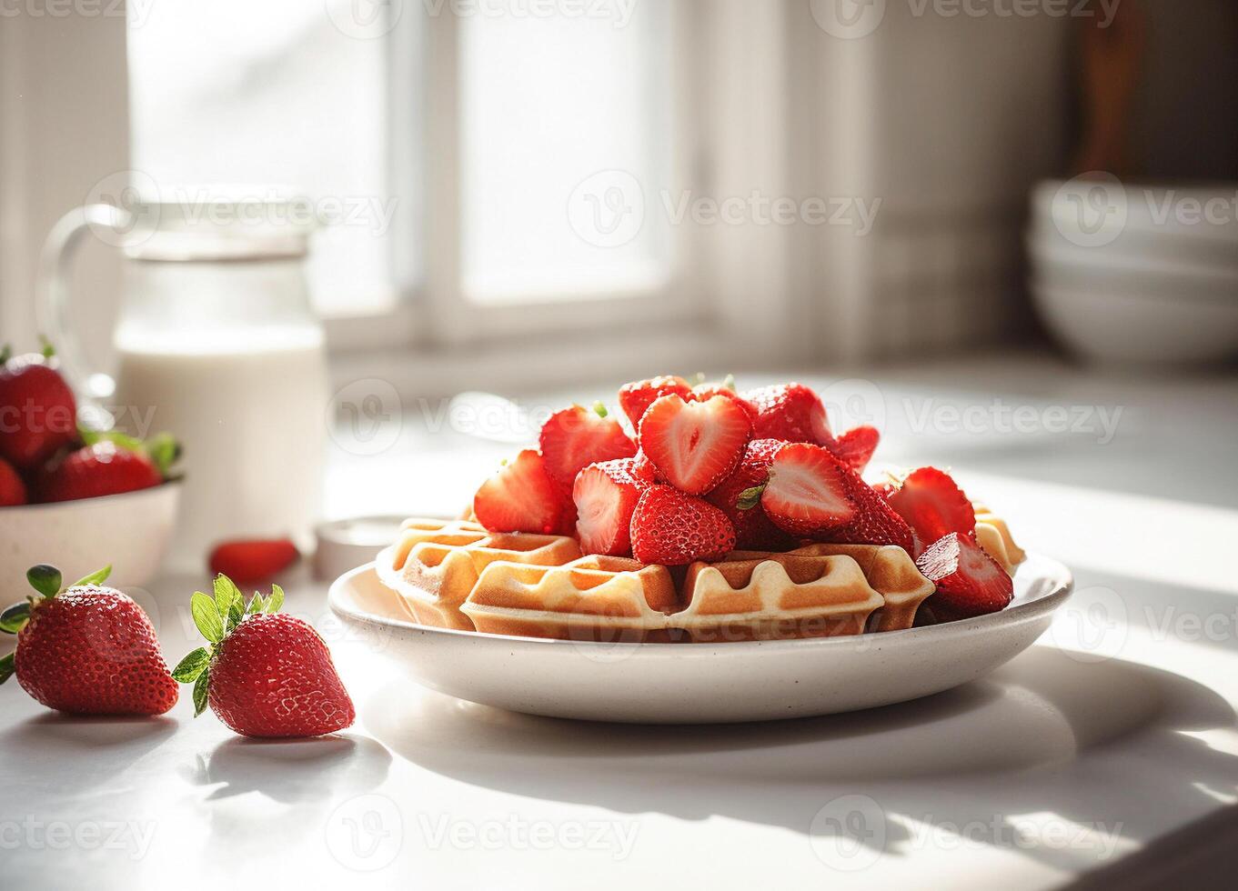 . Delicious sweet waffles with ripe strawberries photo