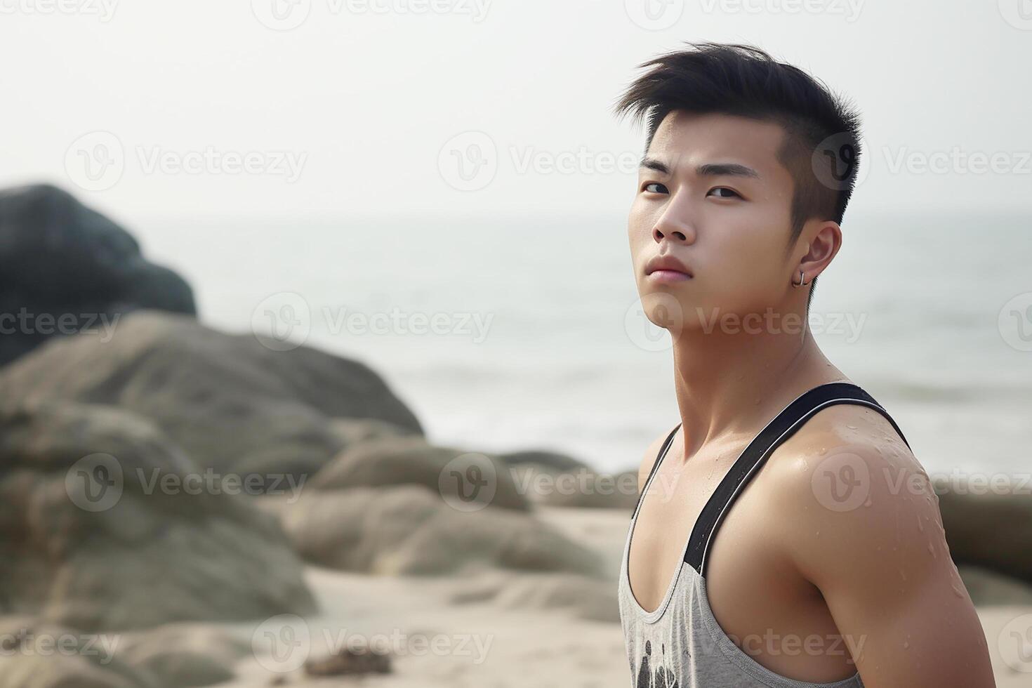 A young Asian man of athletic build on the beach. photo