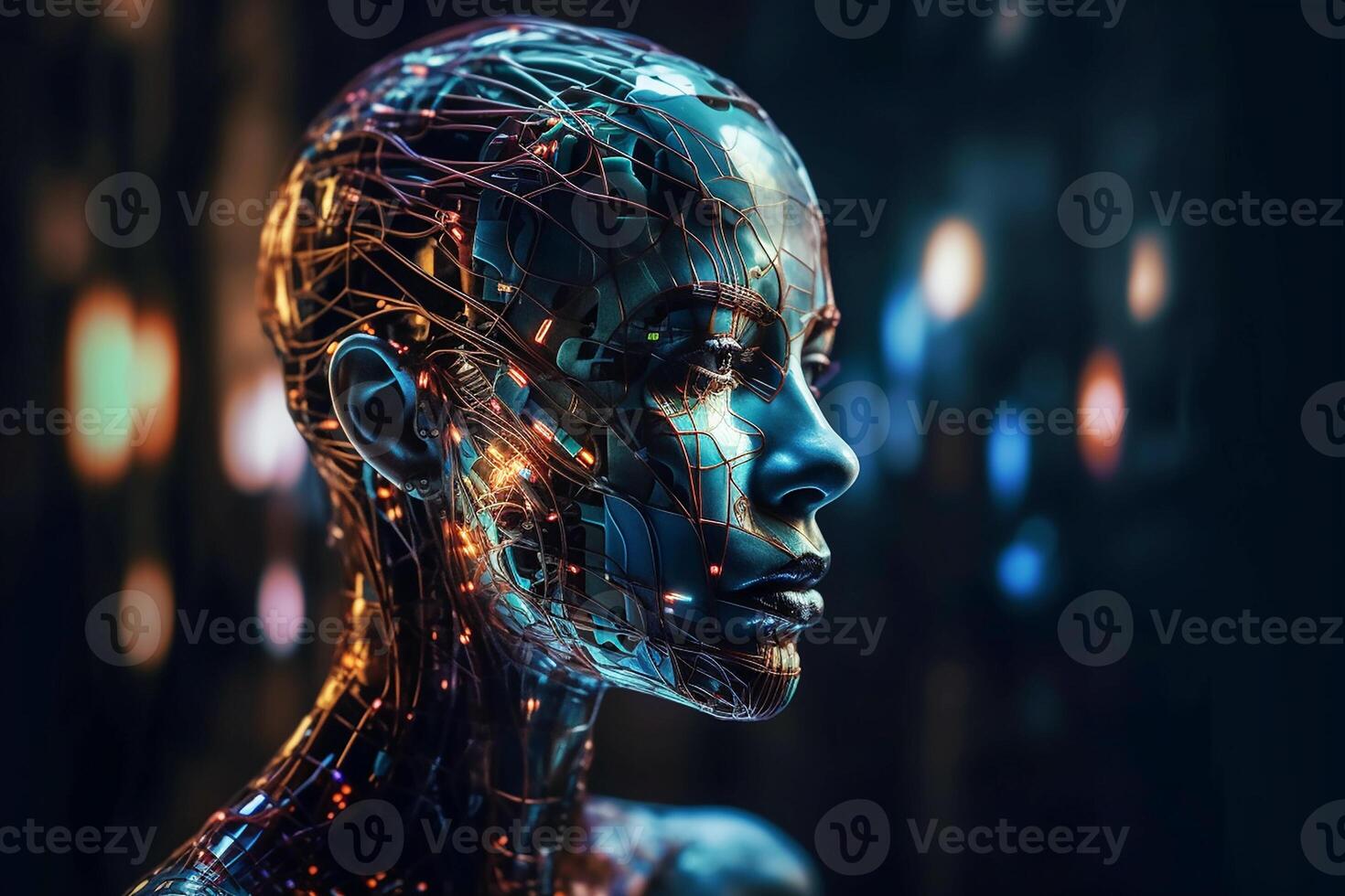 Artificial intelligence, a mechanical robot head. Digital concept. photo