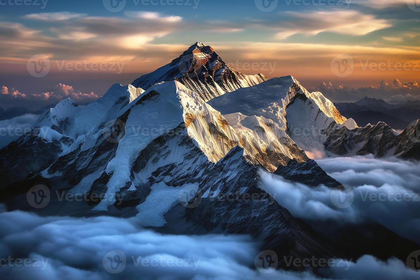 Dawn in the mountains above the clouds, Mount Everest. Mountain landscape. photo