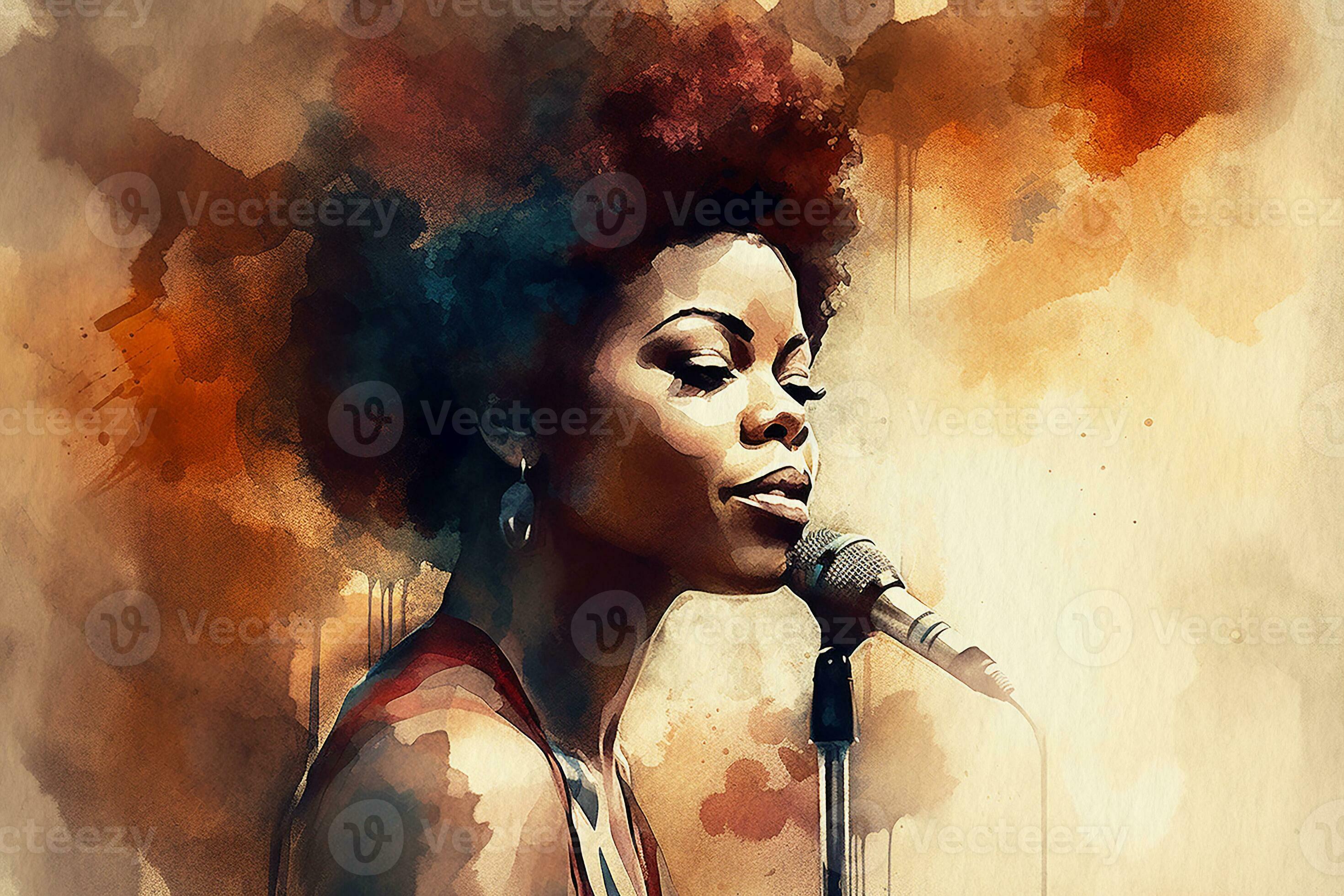Jazz singer, darkskinned woman singing into microphone, watercolor