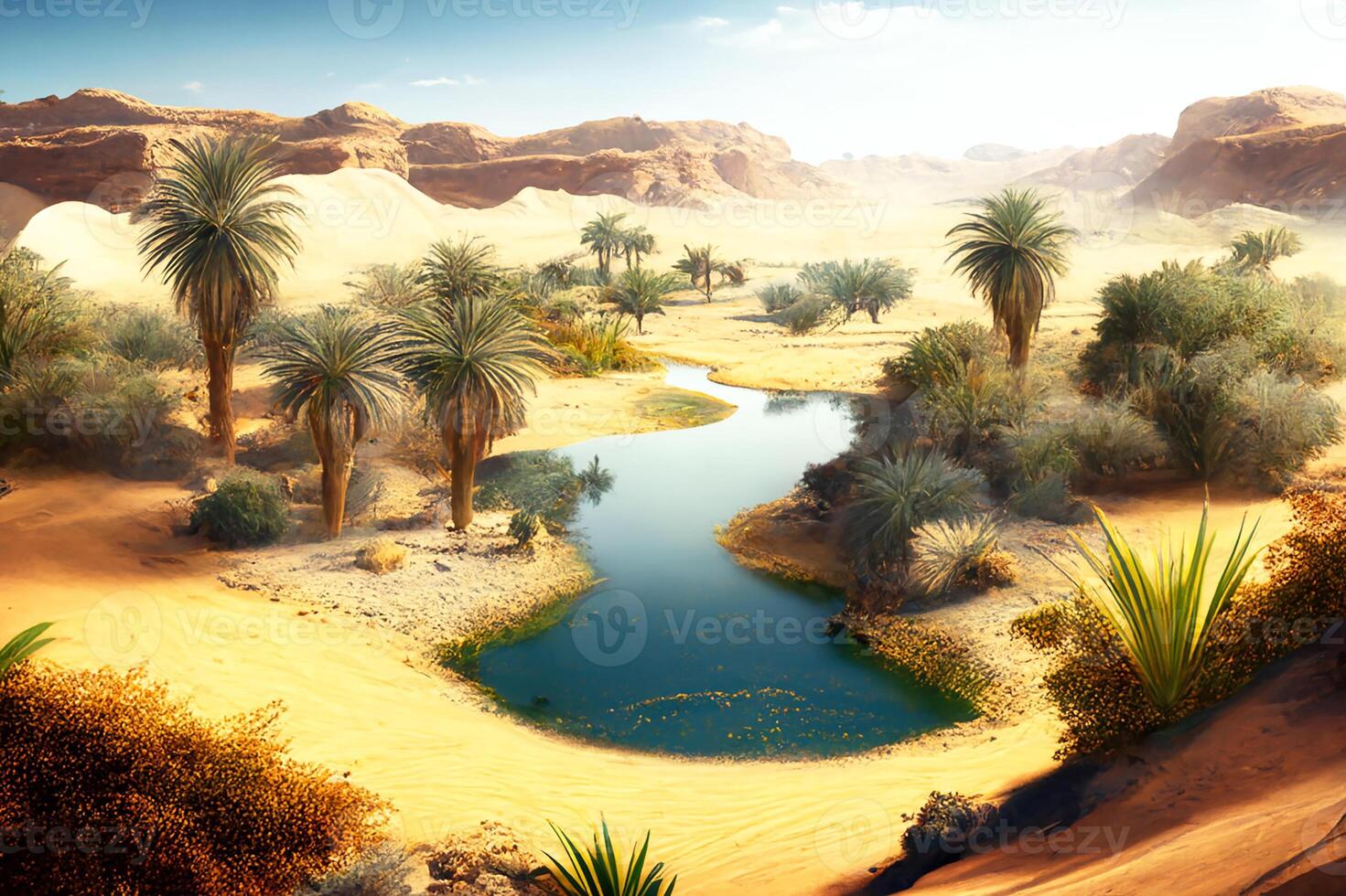 Oasis in the desert, water, palm trees, landscape. photo