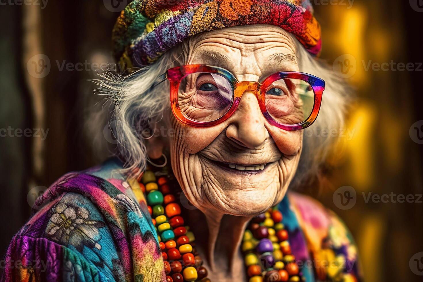 Portrait of an old smiling grandmother wearing sunglasses. The youth of the soul. photo