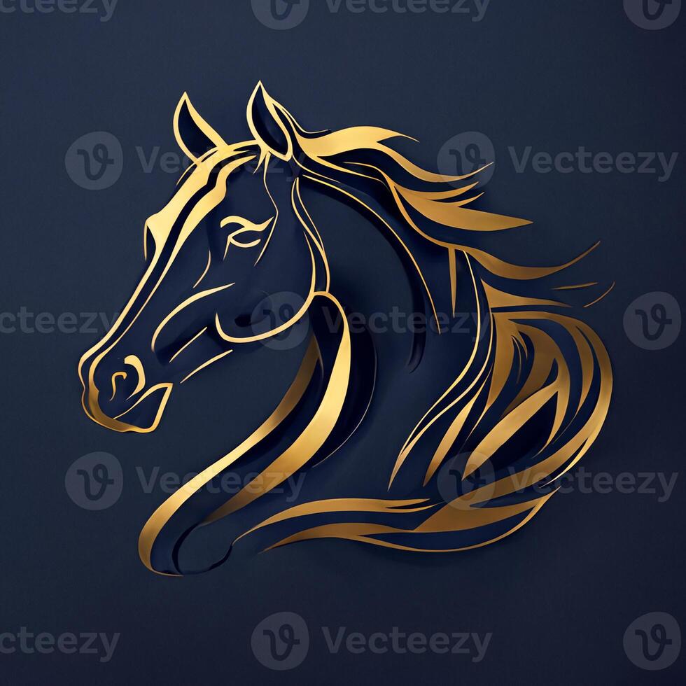 Horse logo, gold color on a dark blue background. Looking to the left. photo