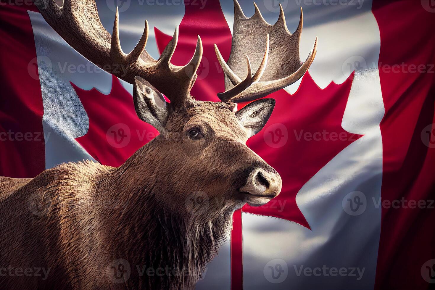 Elk with big horns on the background of the Canadian flag. photo