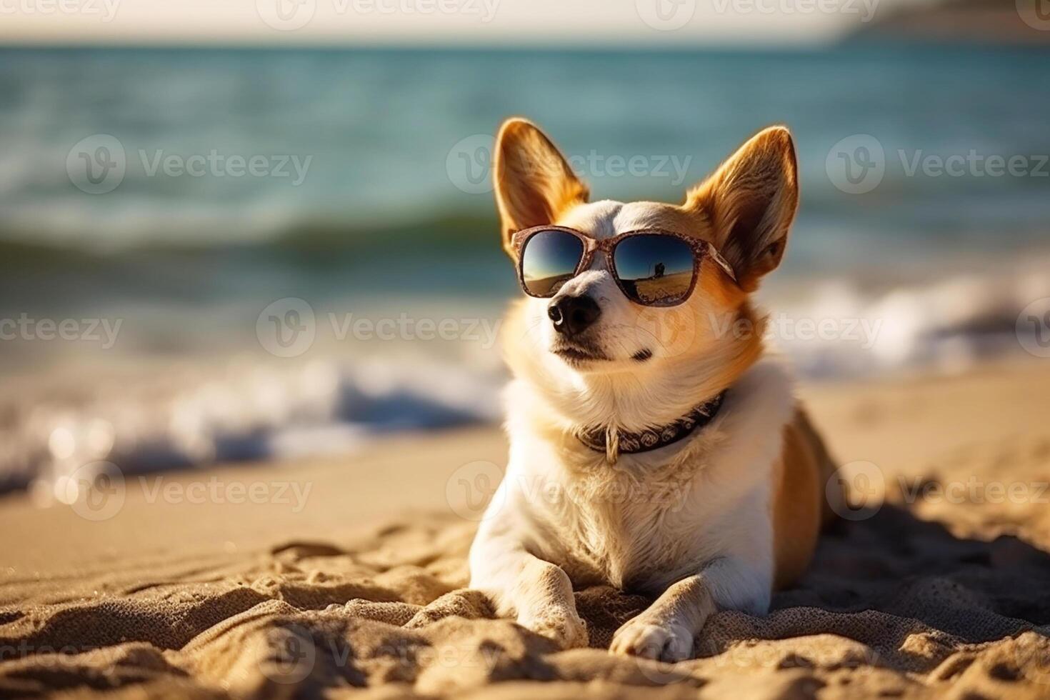 A dog wearing sunglasses on the beach. photo