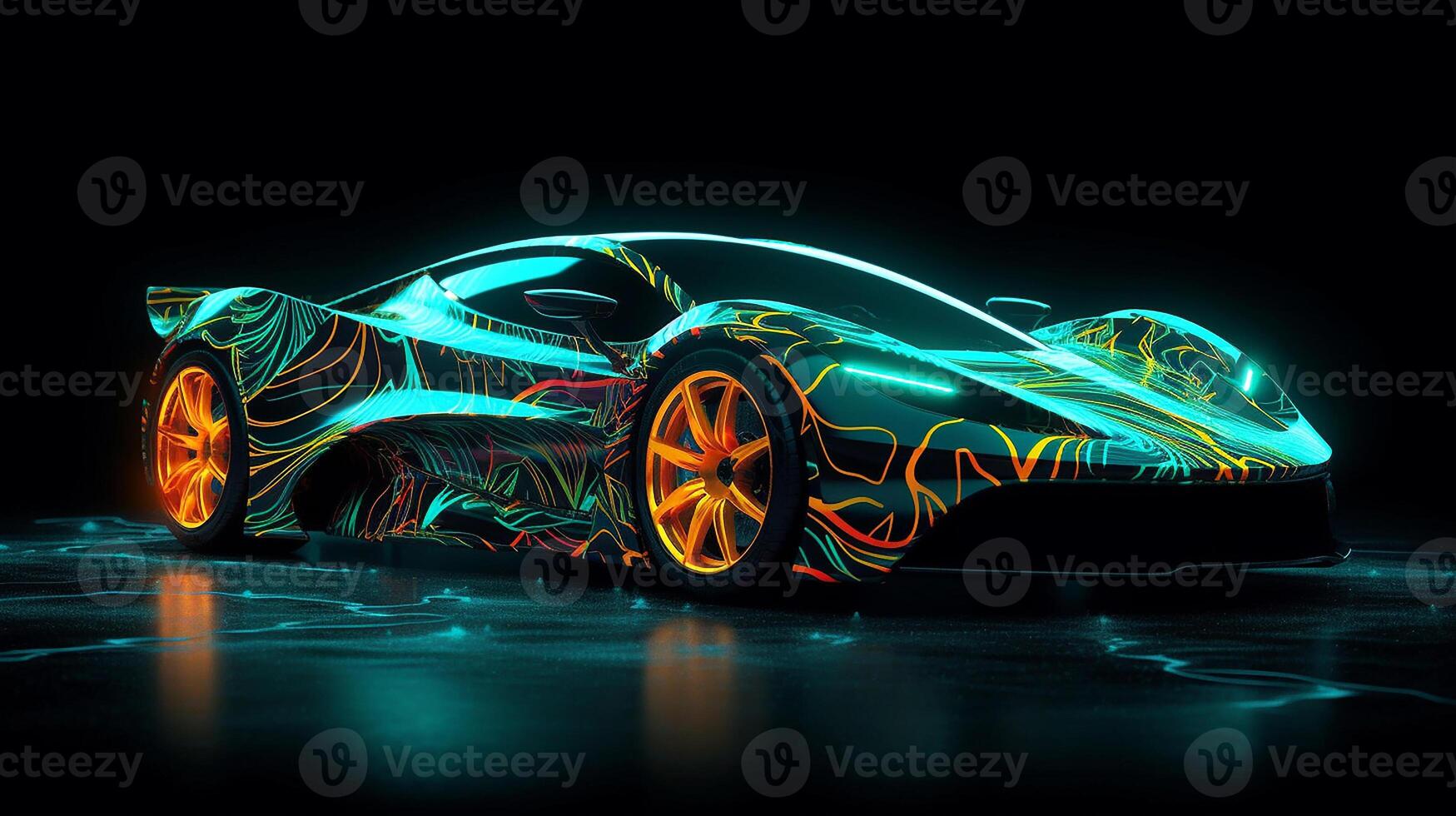 Abstract futuristic car design in neon color. Wallpaper, black background. photo