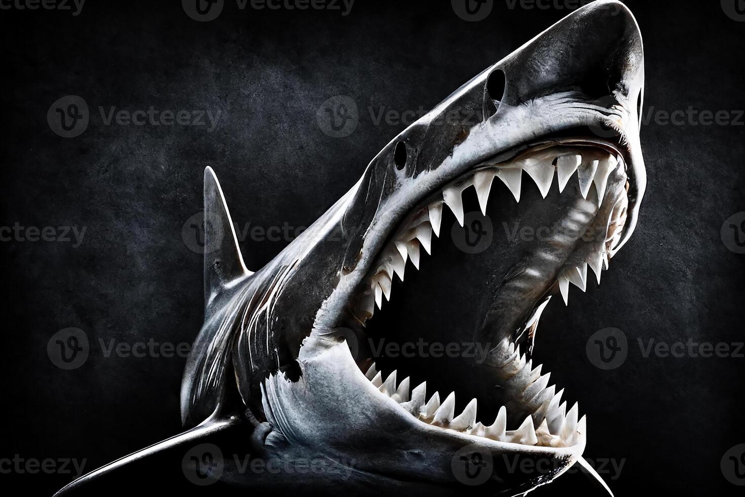 Shark with large jaws and teeth, dark background. photo