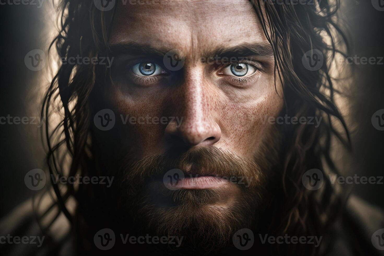 Portrait of a brutal man with long hair and a beard. Looking at the camera. photo