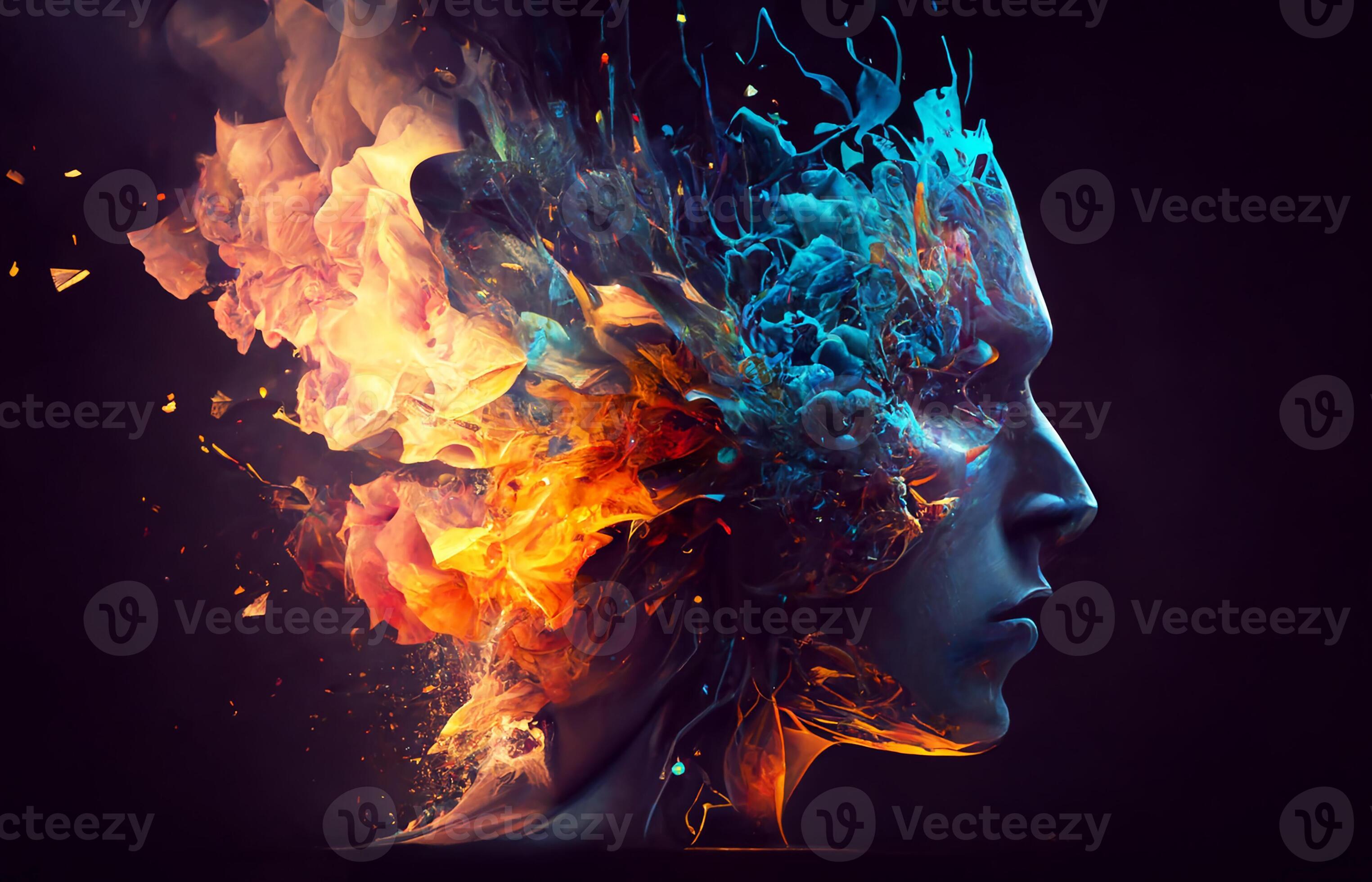 Brainstorm, brain explosion, a man's head against a dark background