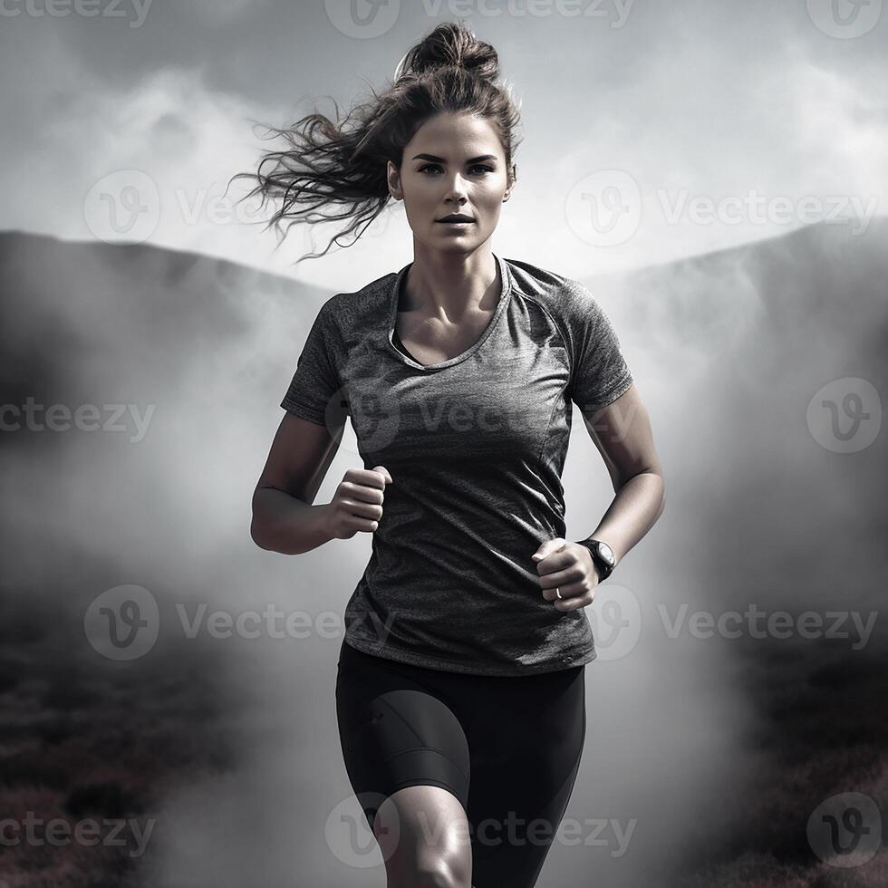 Athletic Young girl in sportswear running through the streets of the city. photo