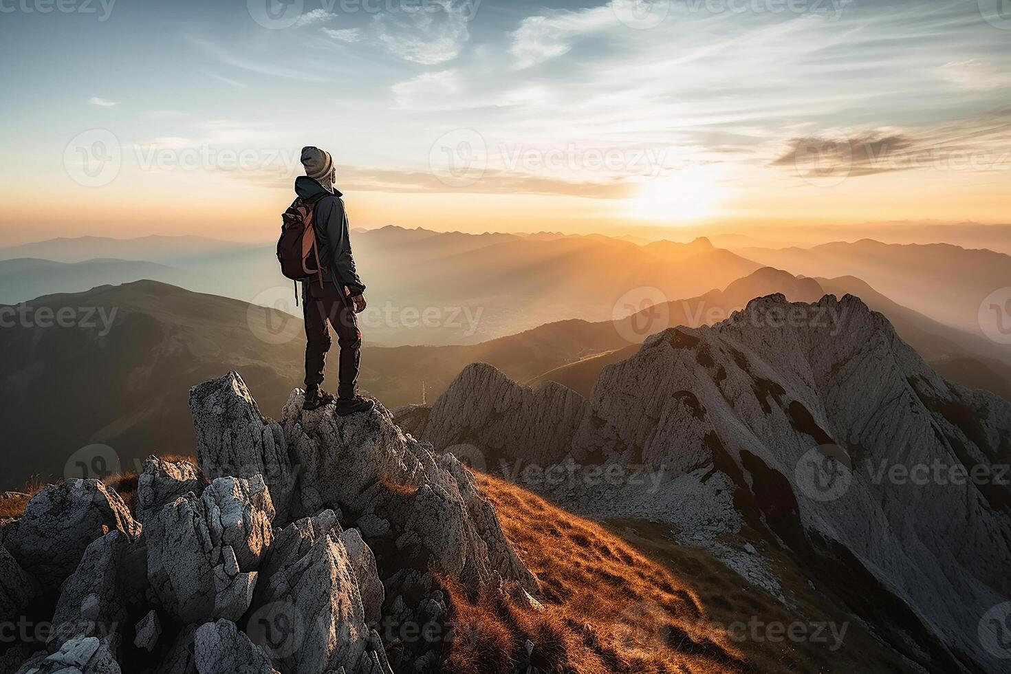 A male hiker stands on the peak of a cliff high in the mountains and looks out at the sunset. photo