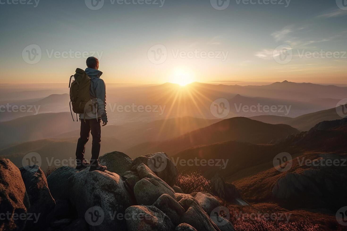 A male hiker stands on the peak of a cliff high in the mountains and looks out at the sunset. photo