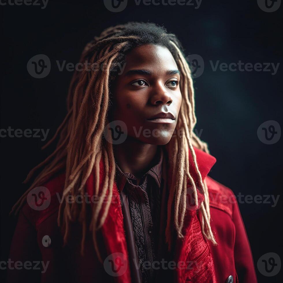 Portrait, Dark-skinned man with long hair in a red jacket, dreadlocked hair. Black background. photo