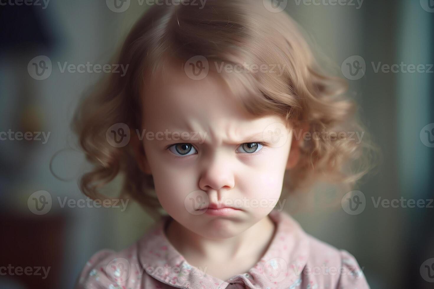 Angry little girl in the children's room, emotions expressed on the girl's face. photo