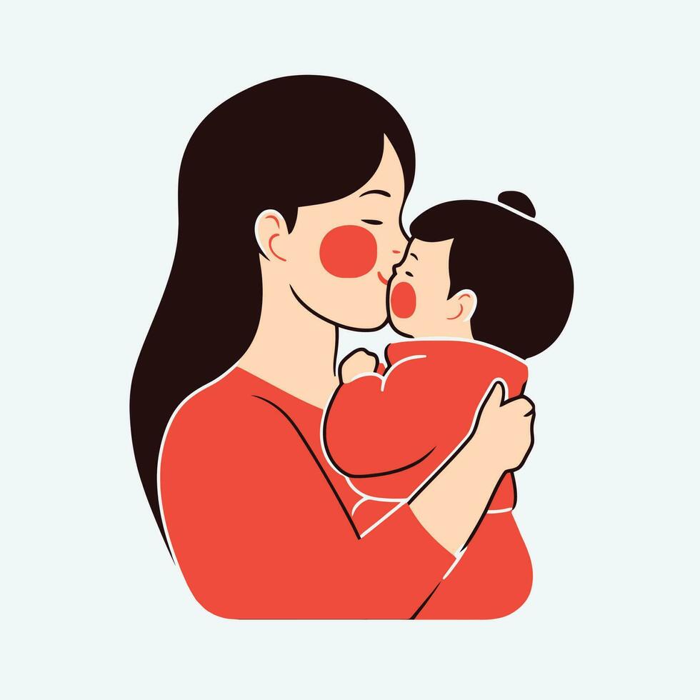 Vector Illustration Of Mother Holding Baby Son In Arms. Happy Mother's Day Greeting Card.