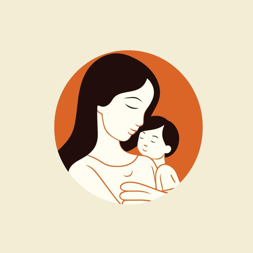 Vector Illustration Of Mother Holding Baby Son In Arms. Happy Mother's Day Greeting Card.