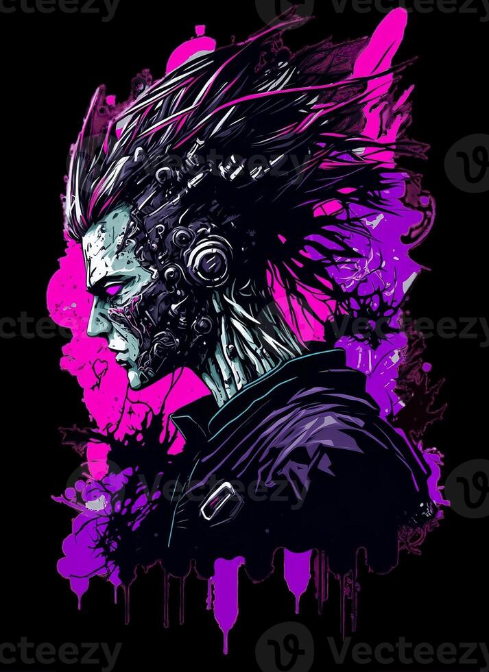 Cyberpunk T shirt Design. Illustration of a Colored Glitch. photo