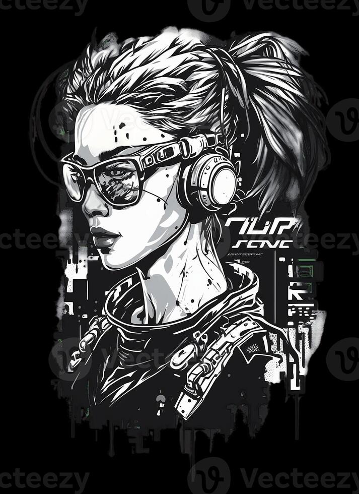 cyberpunk t camisa diseño. ilustración de un de colores falla. ai generado foto