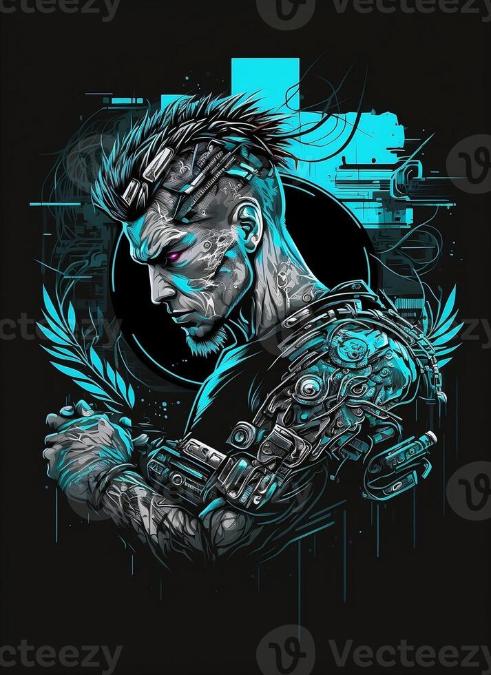 Cyberpunk T shirt Design. Illustration of a Colored Glitch. photo