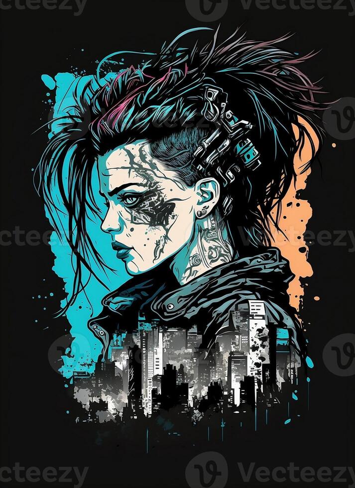 Cyberpunk T shirt Design. Illustration of a Colored Glitch. photo