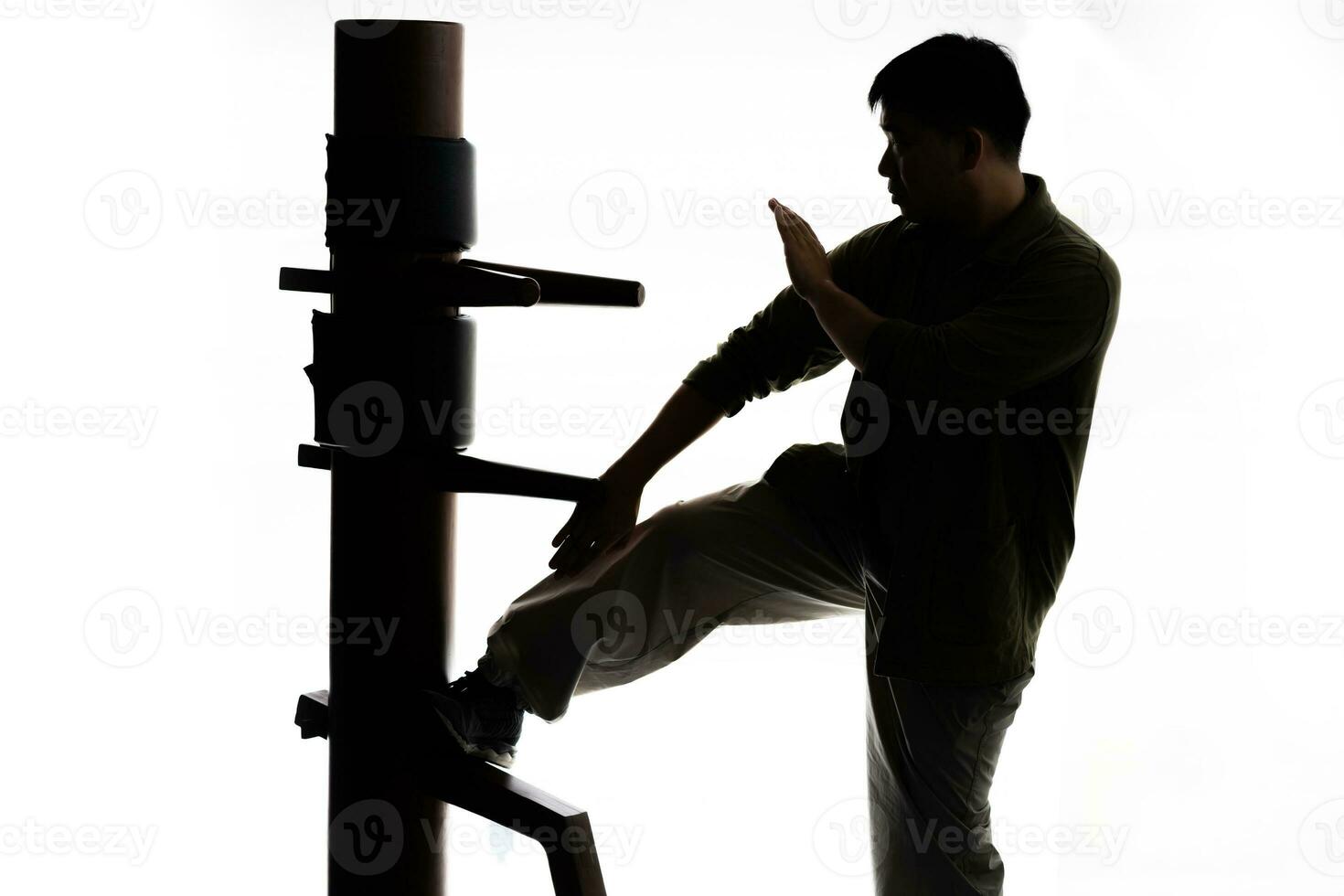 Silhouette of a fighter Wing Chun and wooden dummy on a white background. Wing Chun Kung Fu Self defense. photo