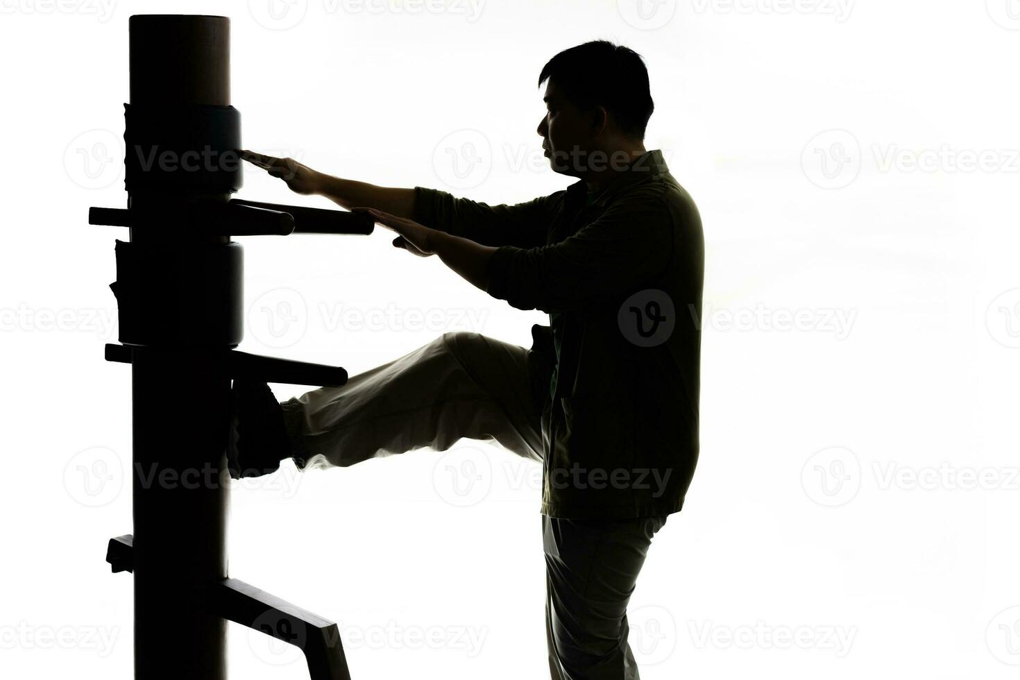 Silhouette of a fighter Wing Chun and wooden dummy on a white background. Wing Chun Kung Fu Self defense. photo