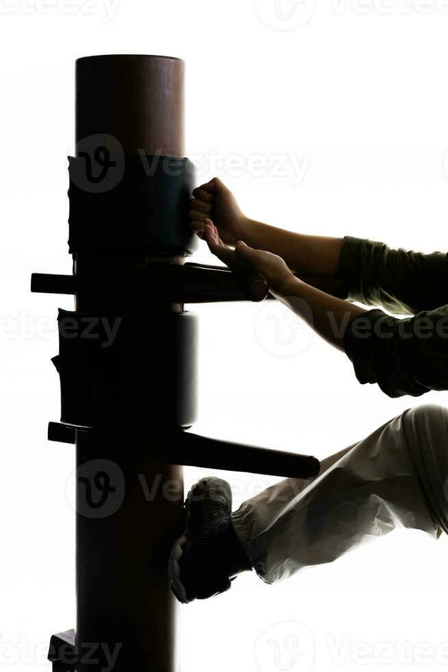 Silhouette of a fighter Wing Chun and wooden dummy on a white background. Wing Chun Kung Fu Self defense. photo