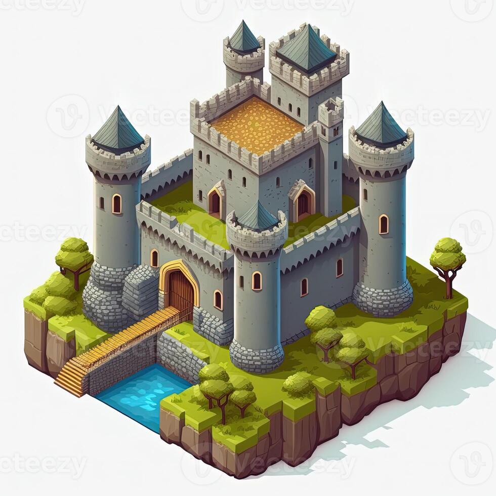 Cartoon isometric medieval castle with towers and gates, photo