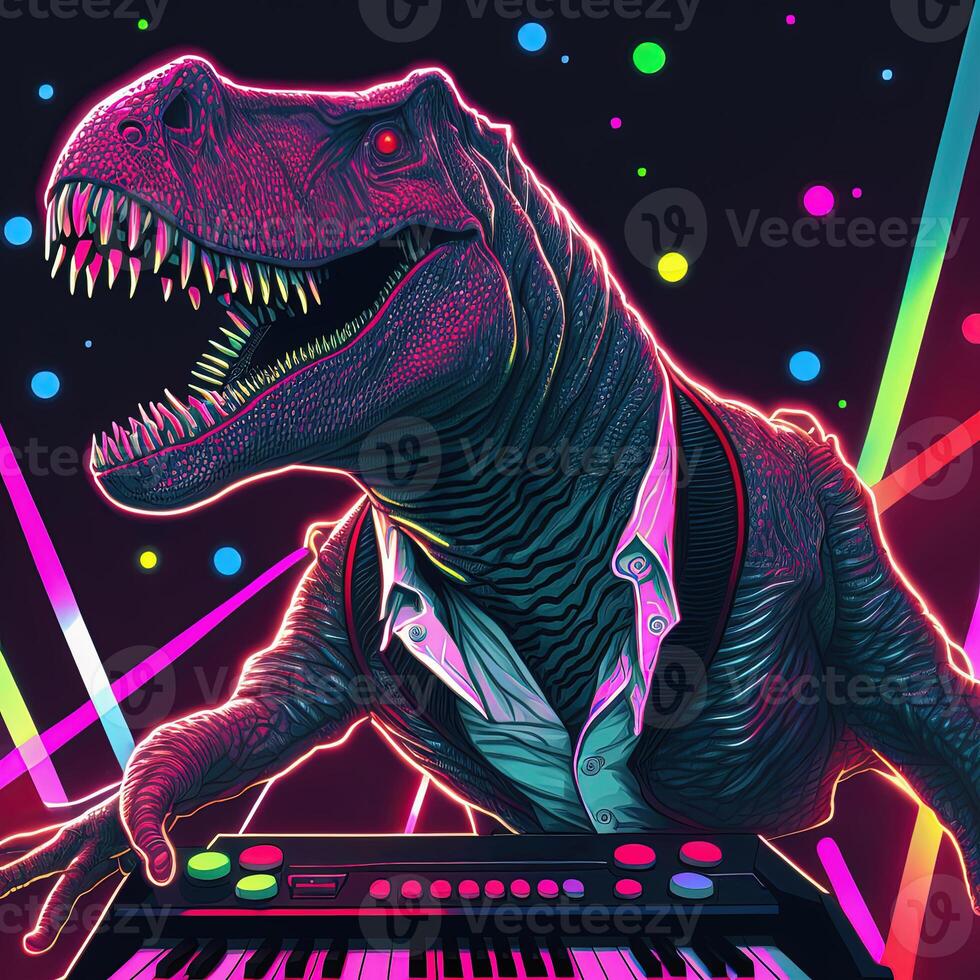 Neon party dj Tyrannosaurus rex with keyboard. . Not based on any actual scene photo