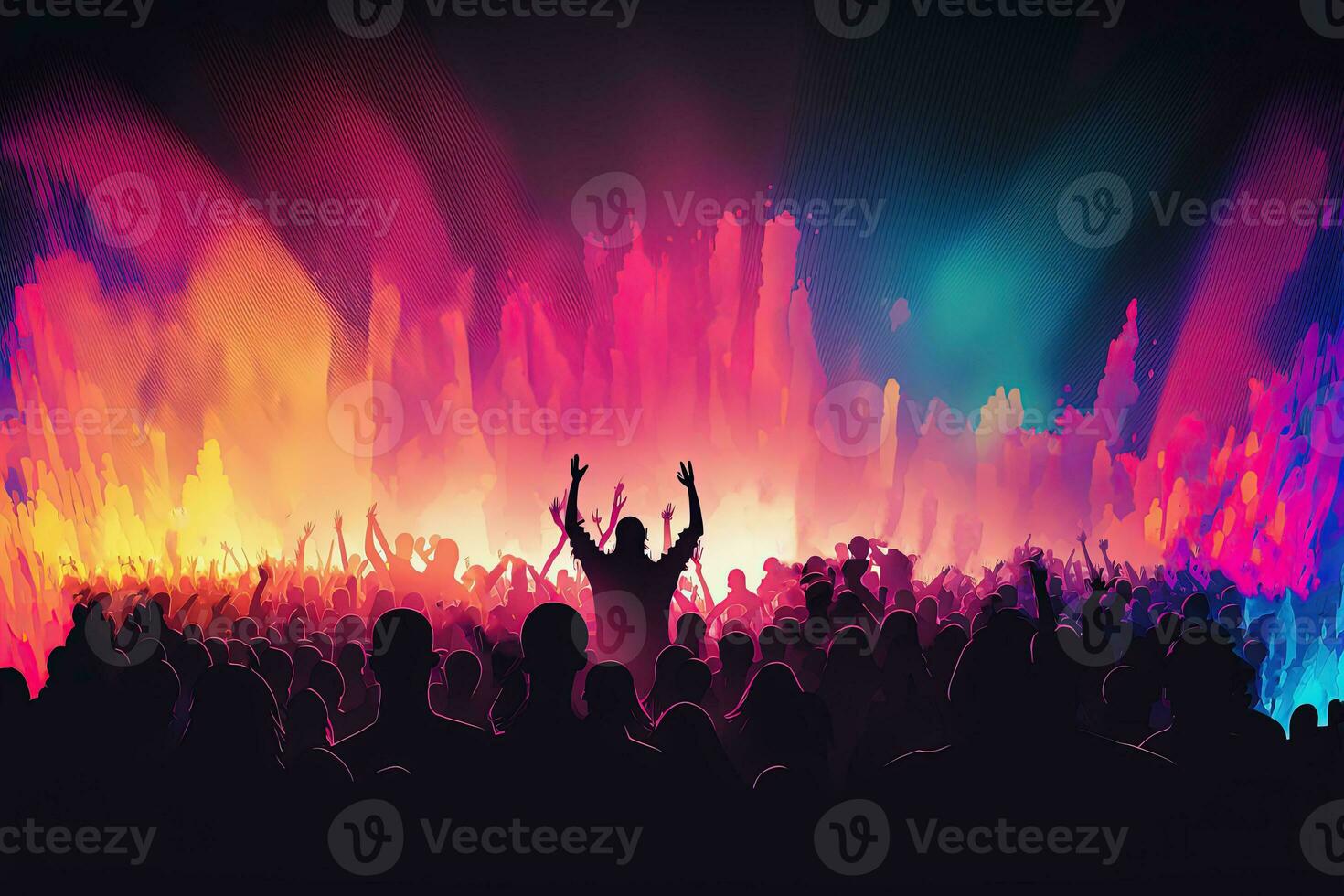 silueta de personas a concierto o música festival con neón luces. ai foto