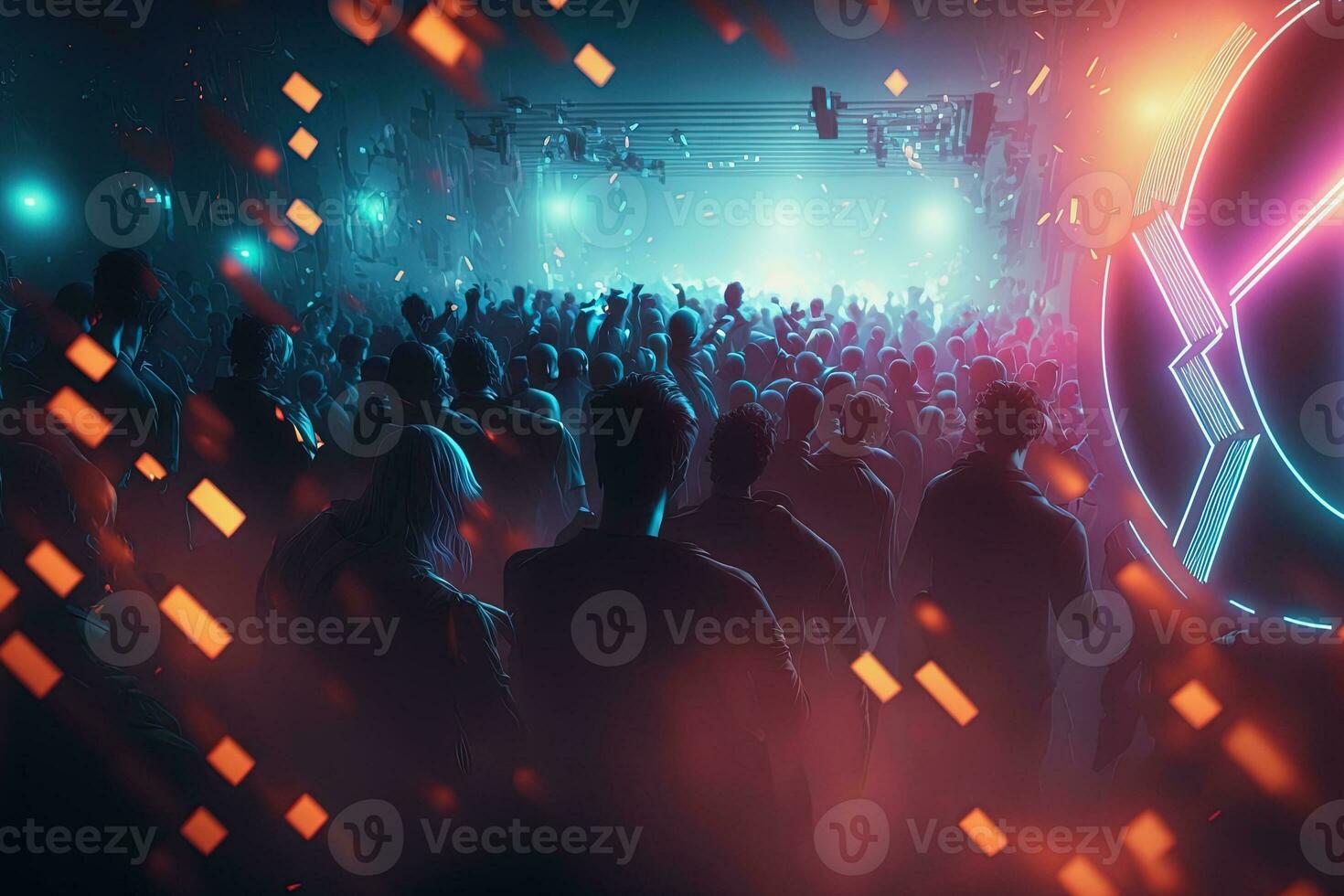 Silhouette of people at concert or music festival with neon lights. AI photo