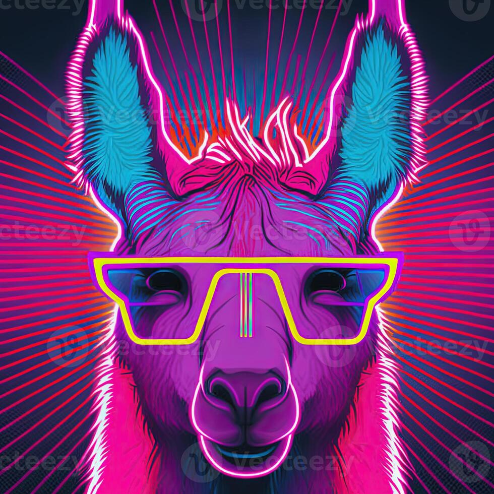 Cool neon party llama in sunglasses. . Not based on any actual scene photo