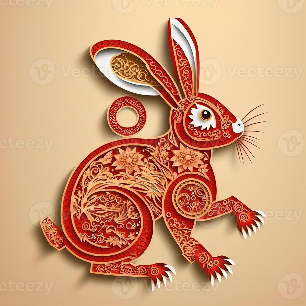 Rabbit symbol of Chinese Lunar New Year 2023 paper cut design. photo