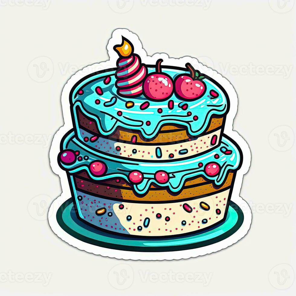 Birthday cake with blue frosting and cherry top. Outline sticker photo