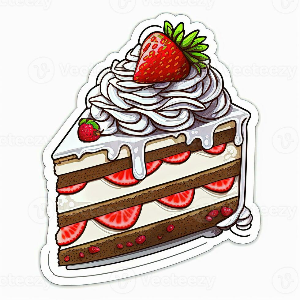 Piece of cake with cream and strawberry top. Outline sticker photo