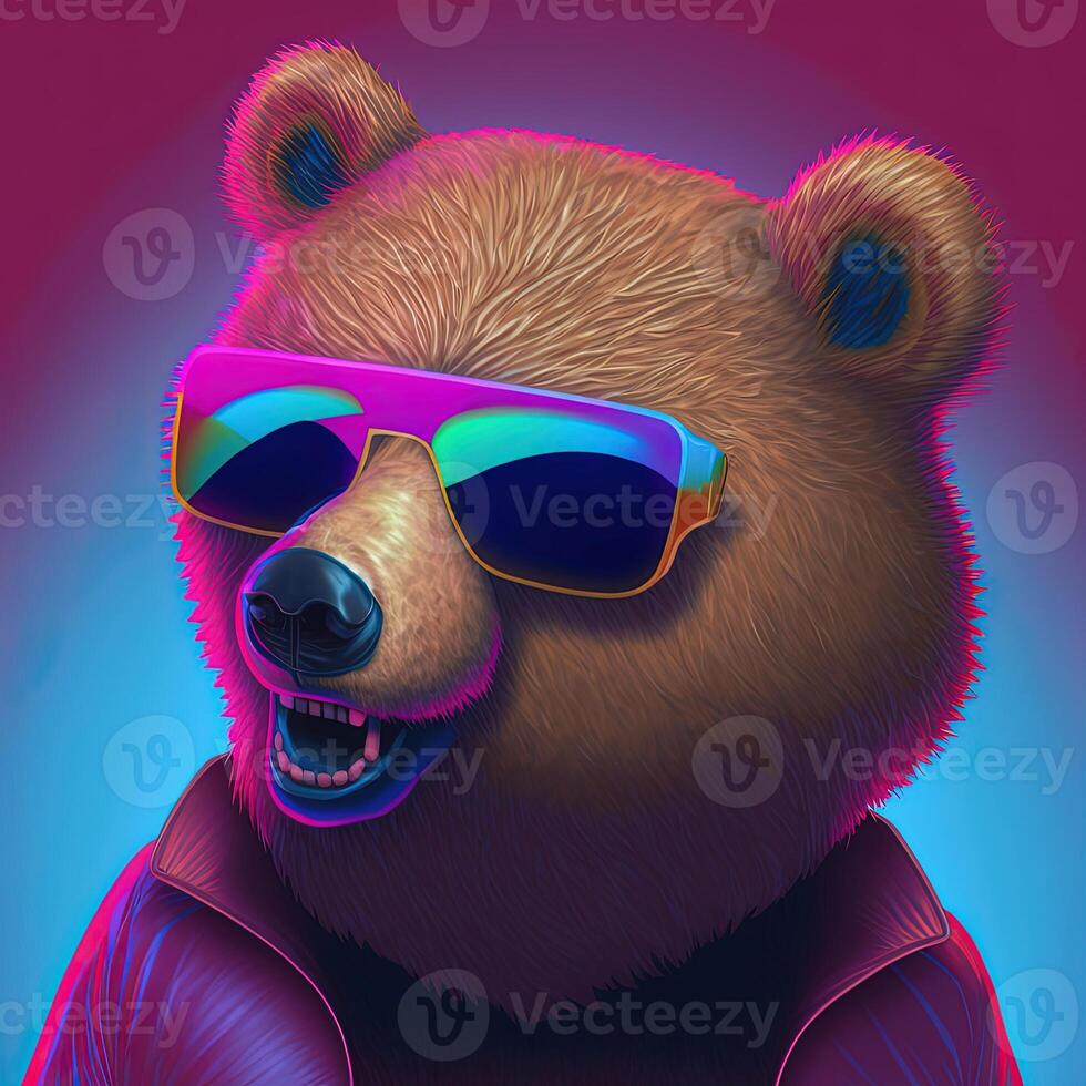 Cool neon party bear in sunglasses. photo