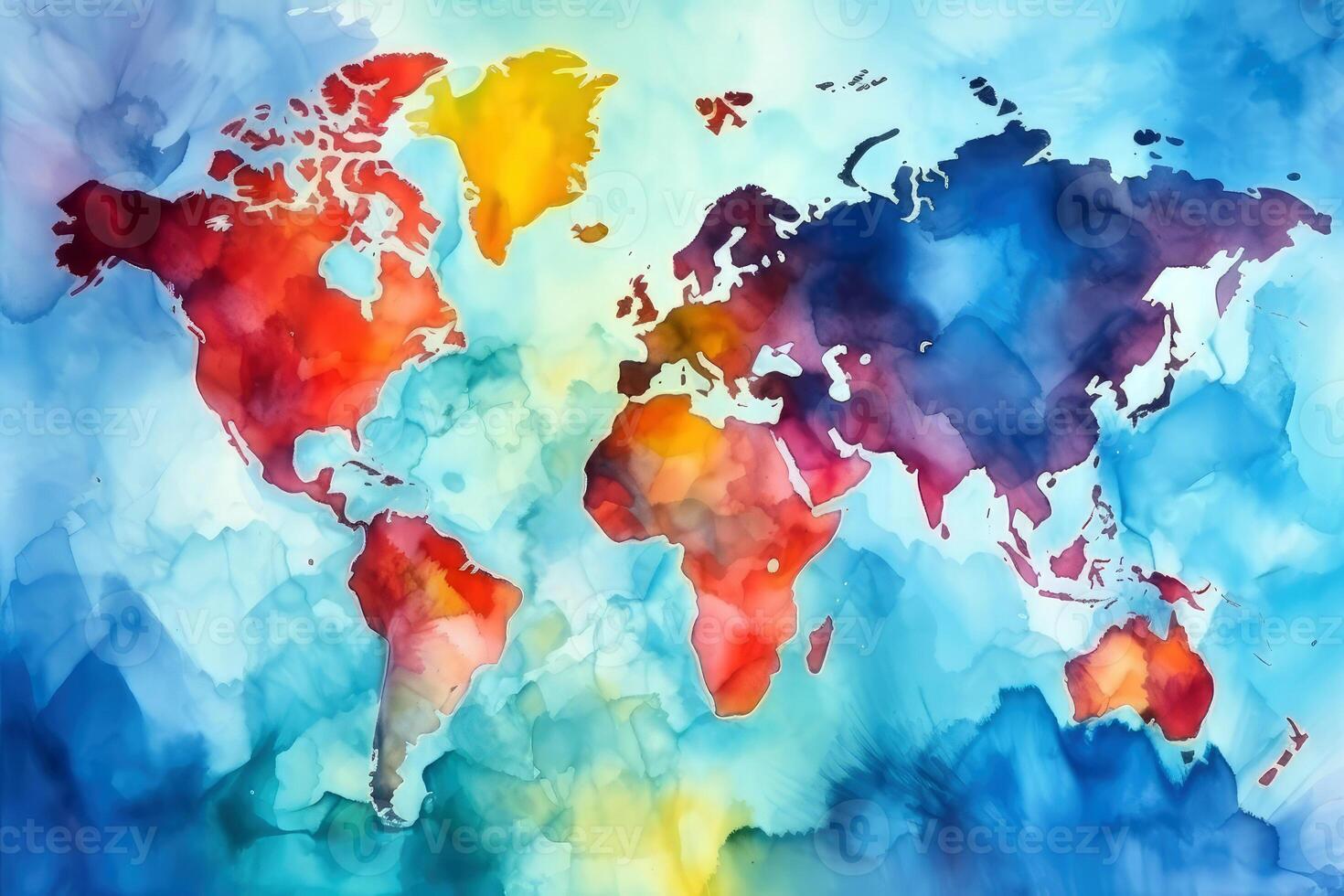 world map continents with bright watercolor . photo