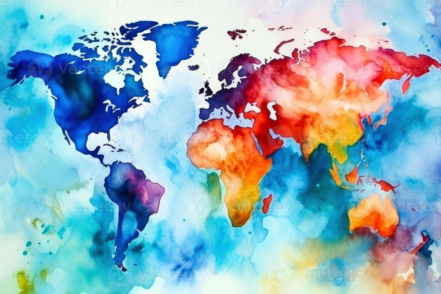 world map continents with bright watercolor . photo