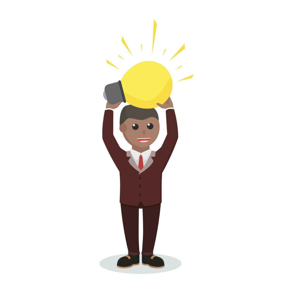 businessman african hold up a bulp lamp design character on white background vector