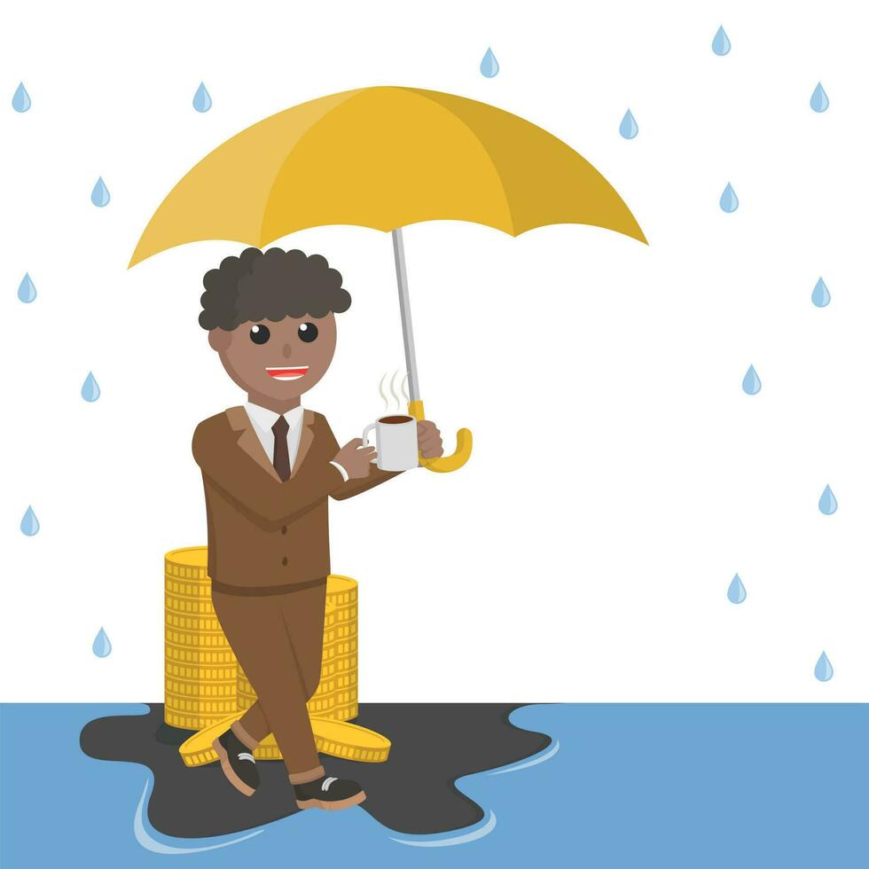 empresario africano sentado proteger el riqueza desde lluvia diseño personaje en blanco antecedentes vector