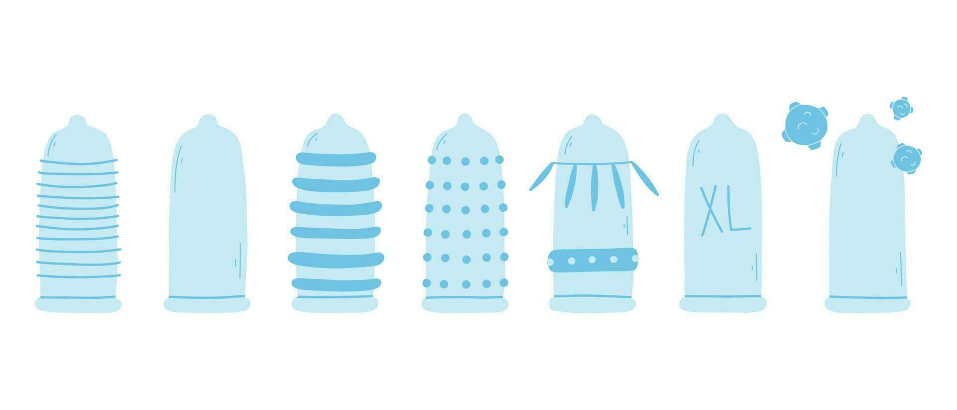 Set of condoms in flat style. Vector illustration. Collection of