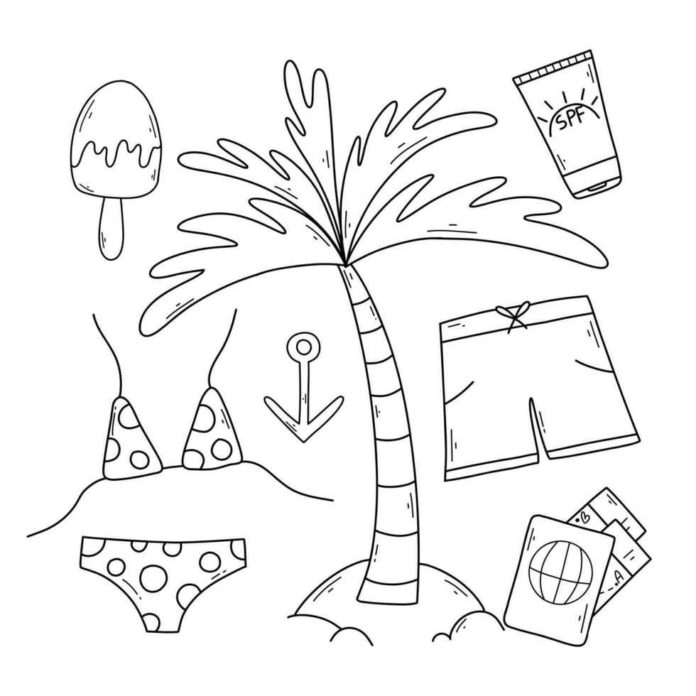 Set of summer elements in doodle style. Vector illustration. Linear collection with swimwear, swimming trunks, passport, cream, palm. Vacation items collection.