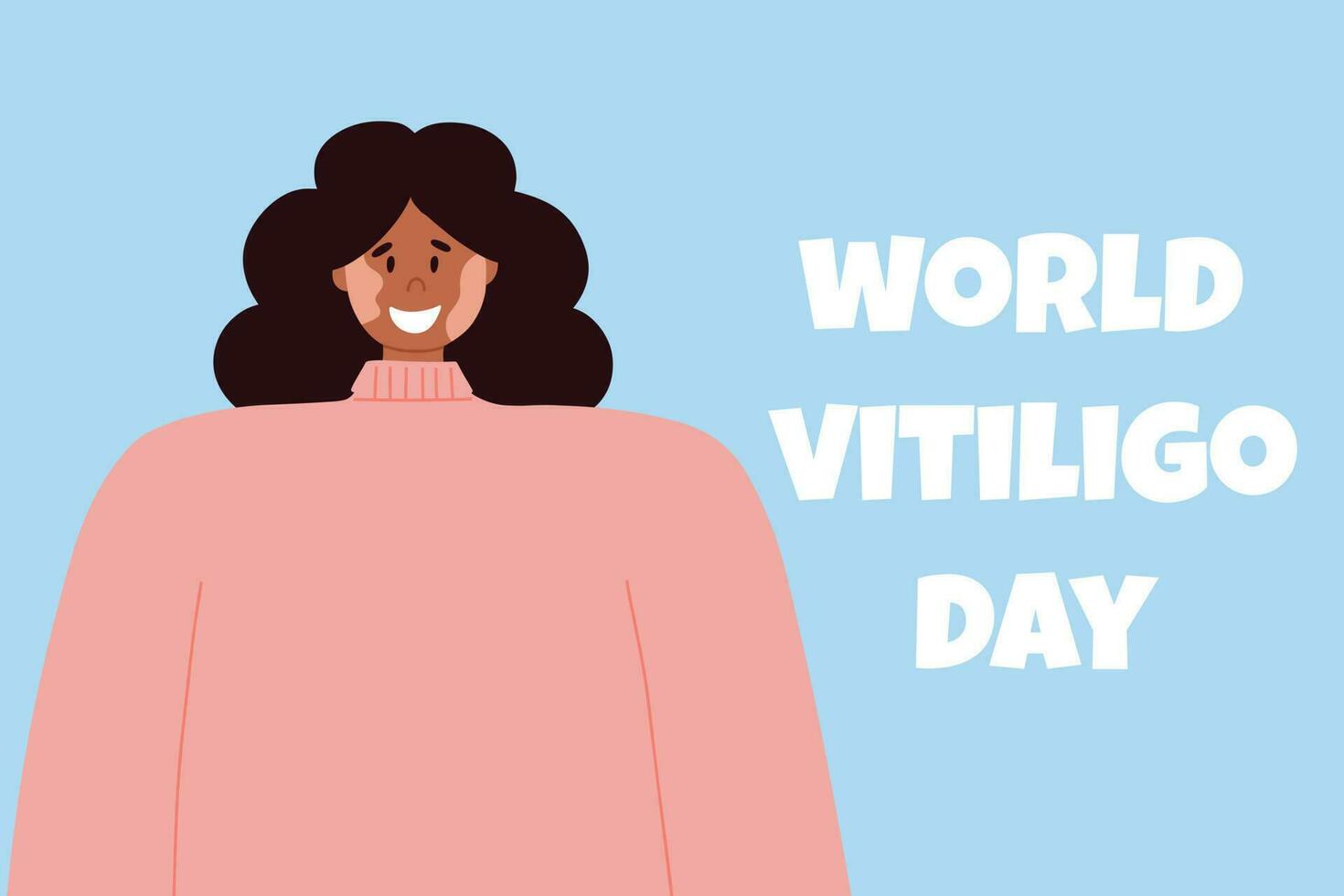 A woman with vitiligo skin disease accepts her appearance, loves herself. World Vitiligo Day. vector illustration. Poster with a happy girl with vitiligo.