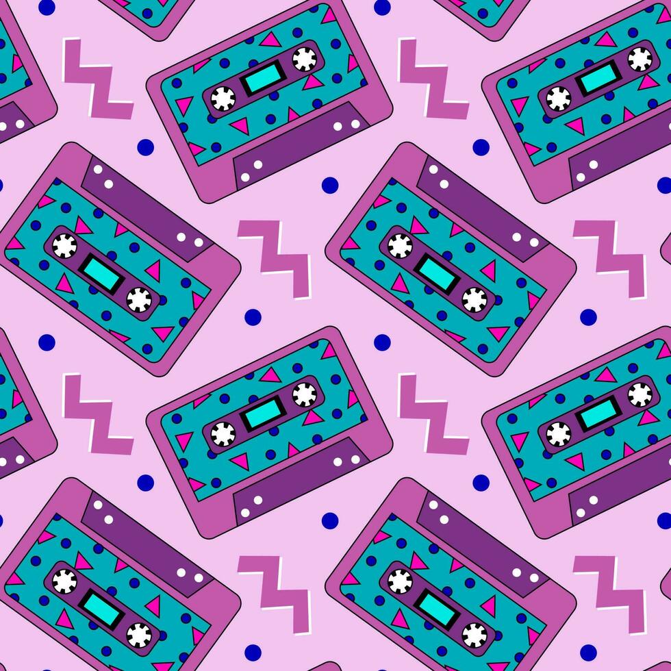 Retro cassette purple pattern. Seamless vintage 90s party pattern, music audio cassette, analogue 80s stereo audiocassette vector illustration background with abstract elements.
