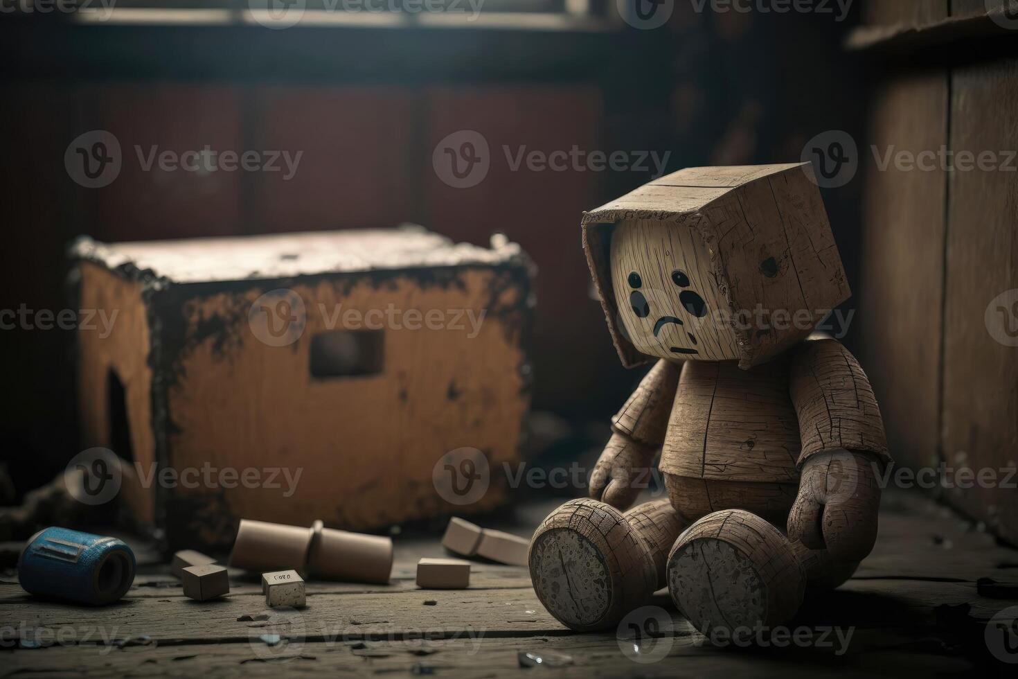 Old forgotten wooden toy in sad mood. photo